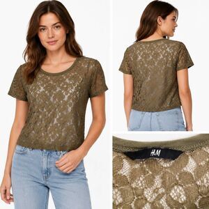 H&M Women’s Olive Green Sheer Floral Lace Short Sleeve Top Size M